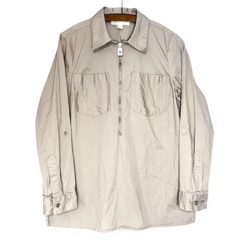 Women's Michael Kors Tan Khaki Half Zip-Up Shirt, Size Medium, Button Sleeves